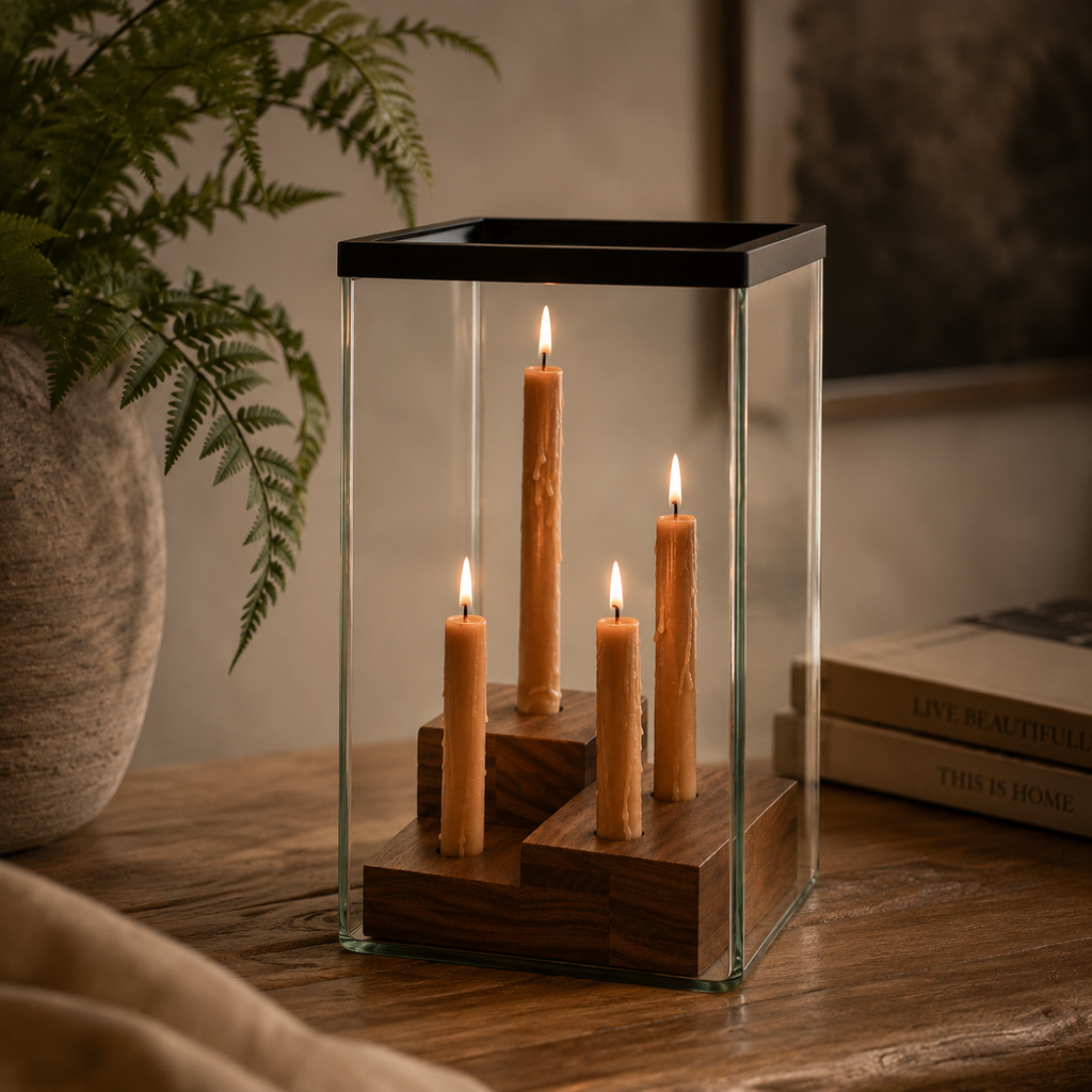 Glass Hurricane w/Four Taper Holder Wood Base | Large