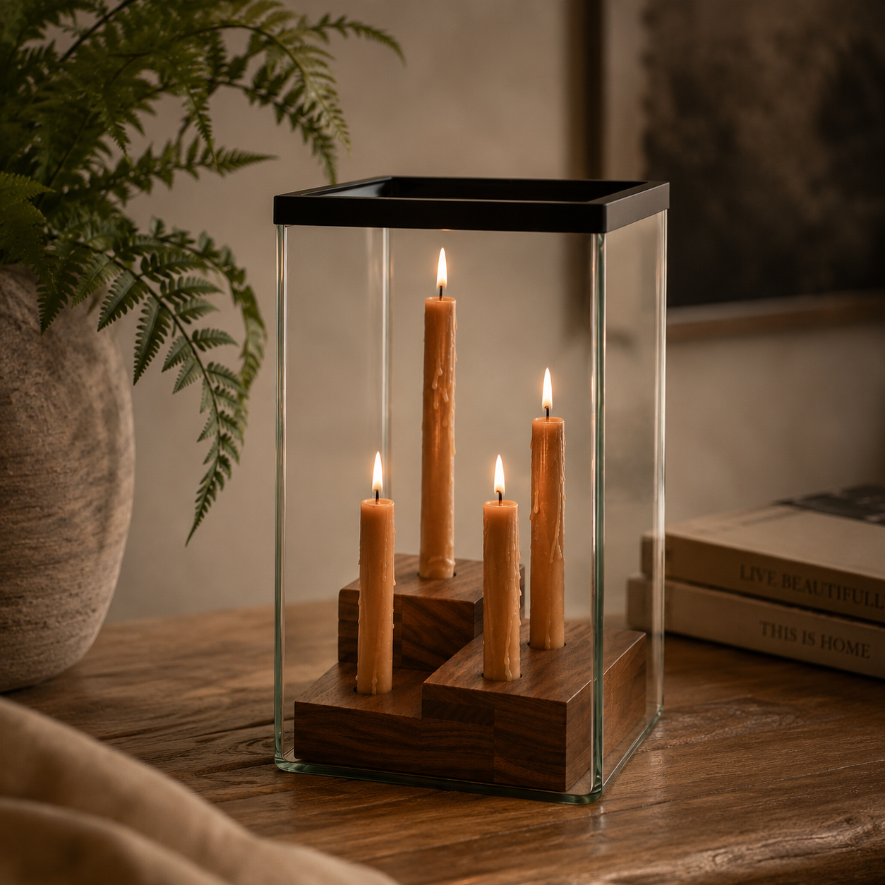 Glass Hurricane w/Four Taper Holder Wood Base | Large