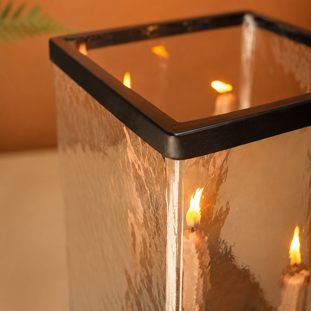 Glass Hurricane w/Four Taper Holder Wood Base | Large