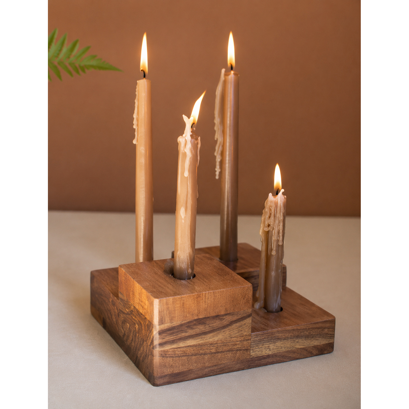 Glass Hurricane w/Four Taper Holder Wood Base | Large