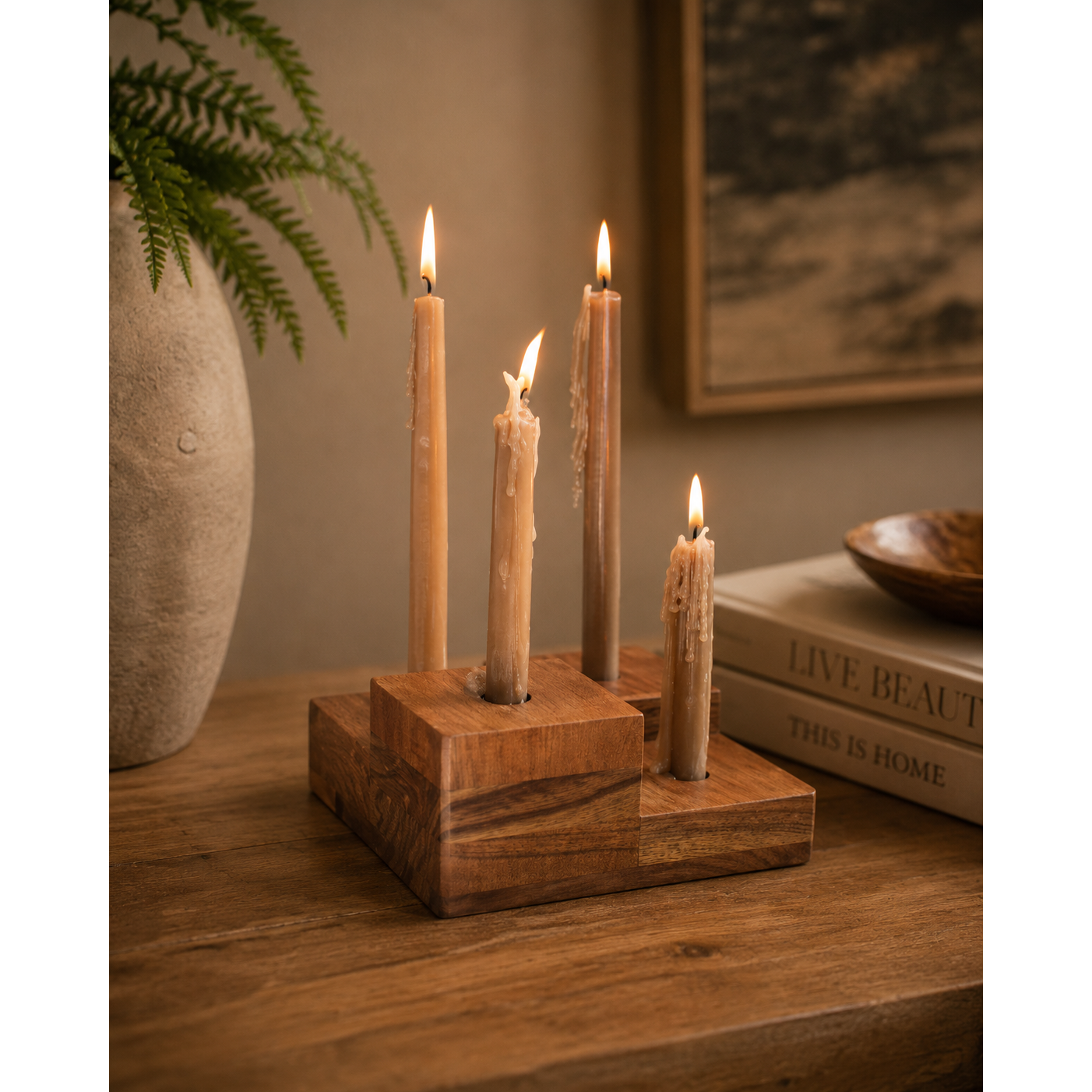 Glass Hurricane w/Four Taper Holder Wood Base | Large