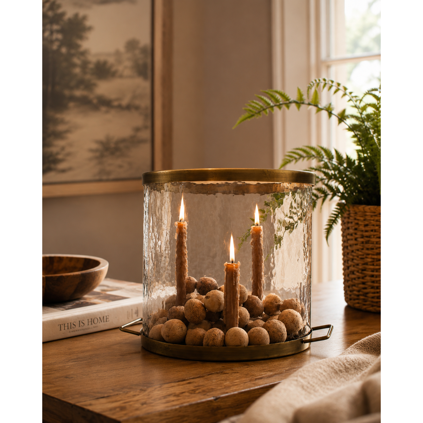 Glass Cylinder w/Antique Brass Taper Candle Holder