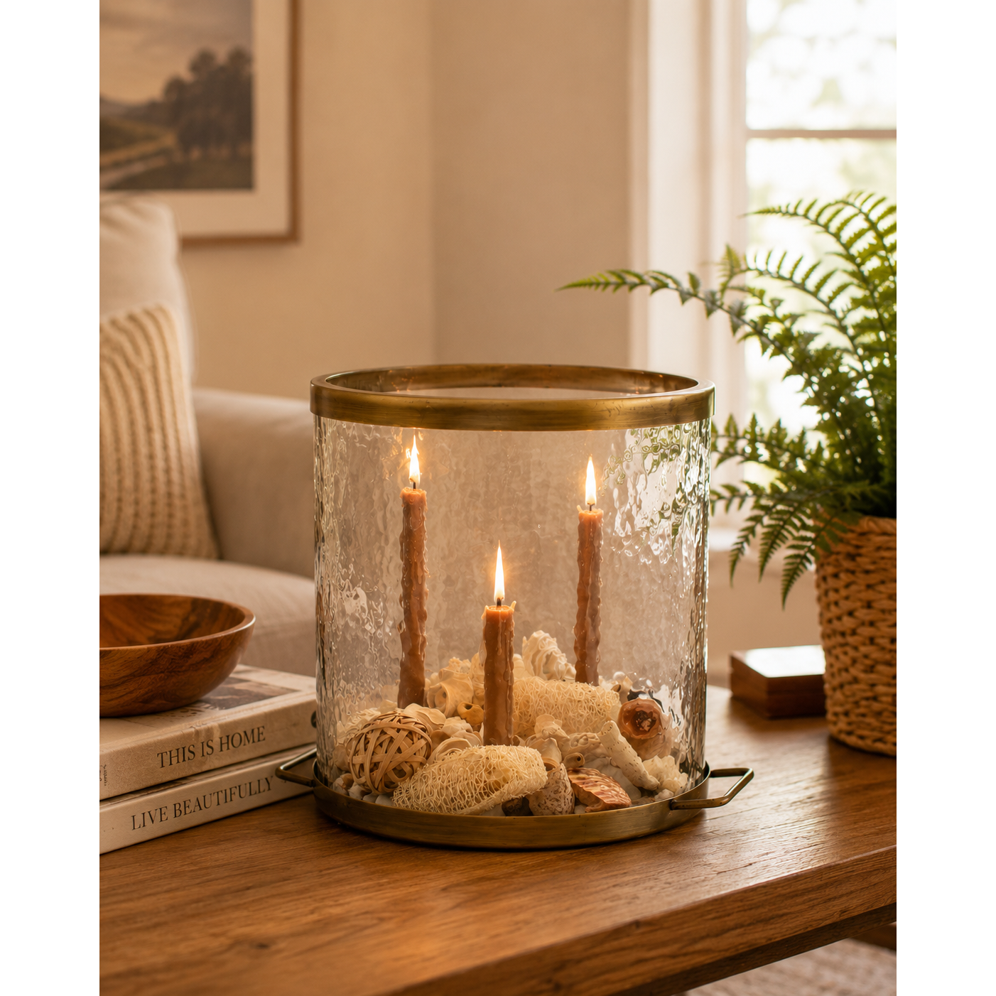 Glass Cylinder w/Antique Brass Taper Candle Holder