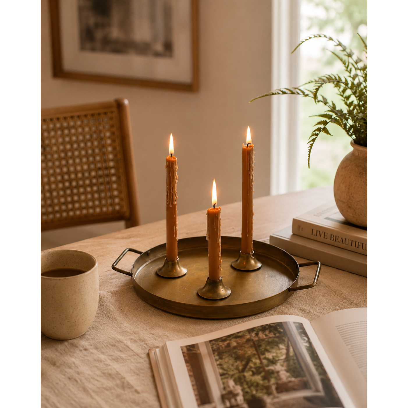 Glass Cylinder w/Antique Brass Taper Candle Holder