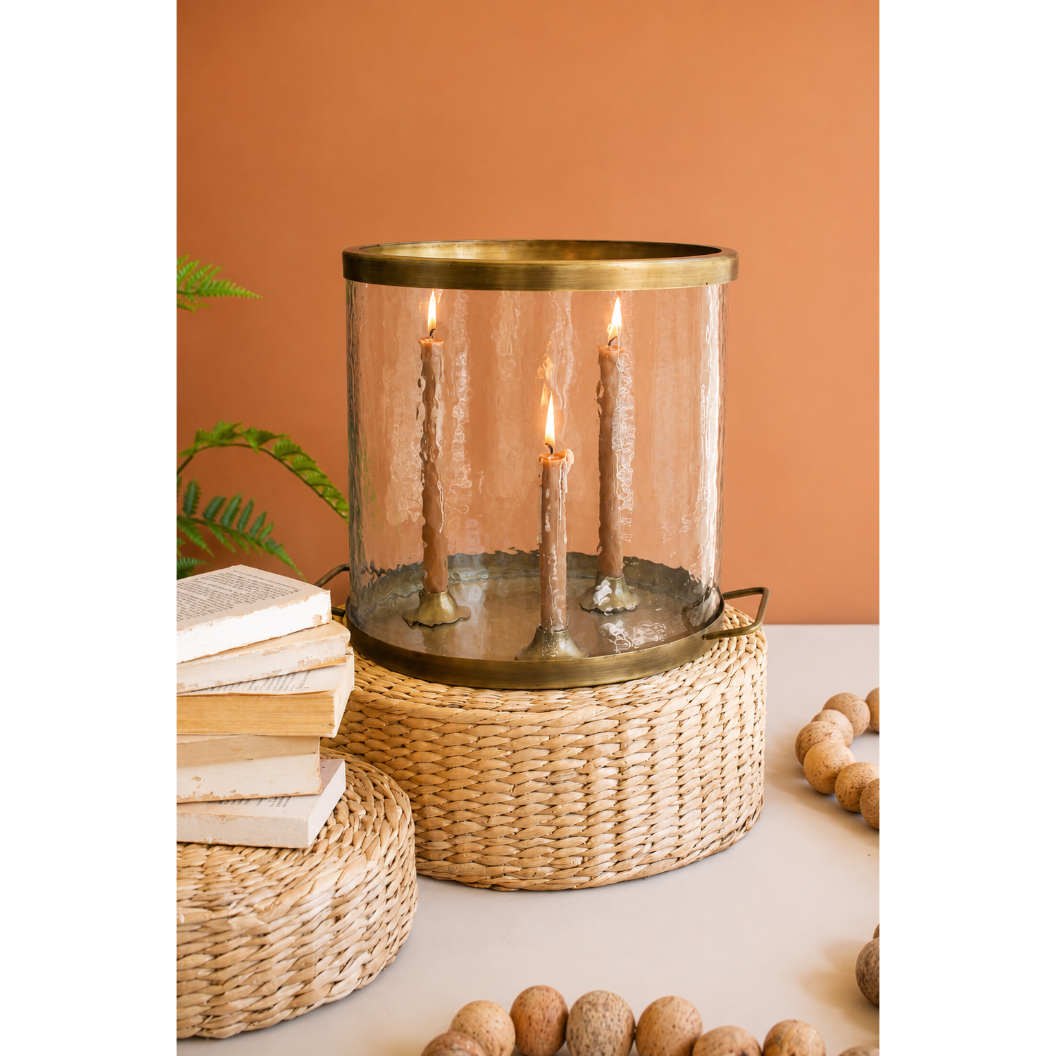 Glass Cylinder w/Antique Brass Taper Candle Holder