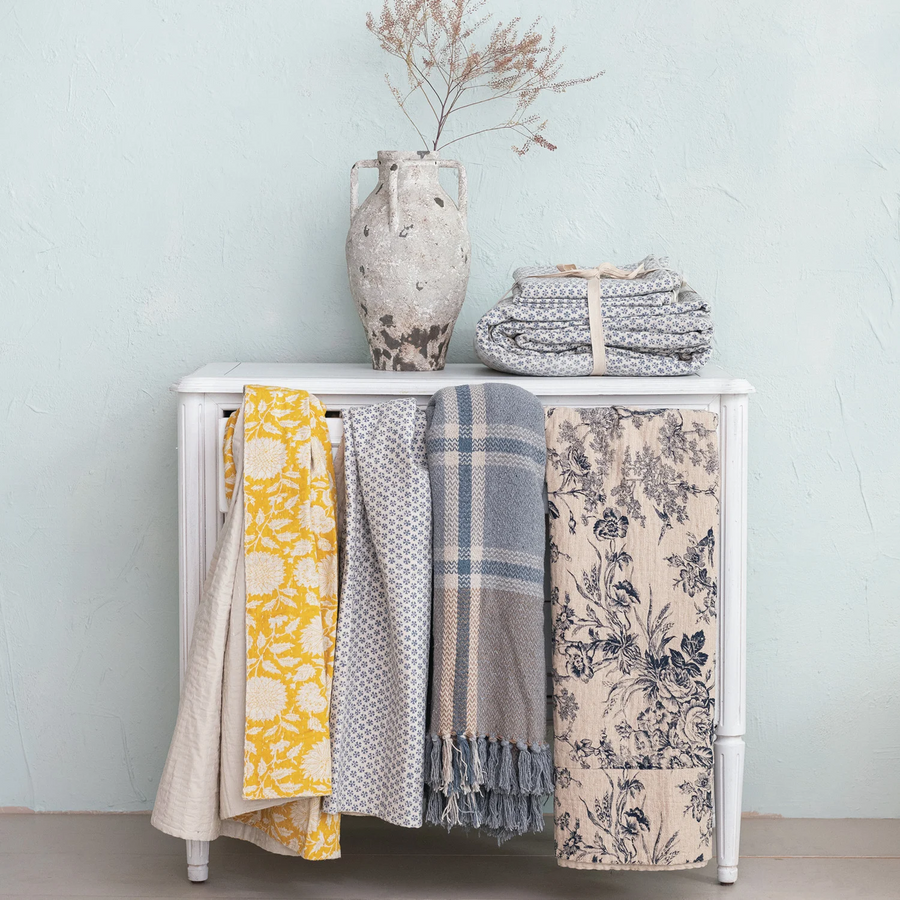 Blue & White Toile Patterned Cotton Chambray Throw