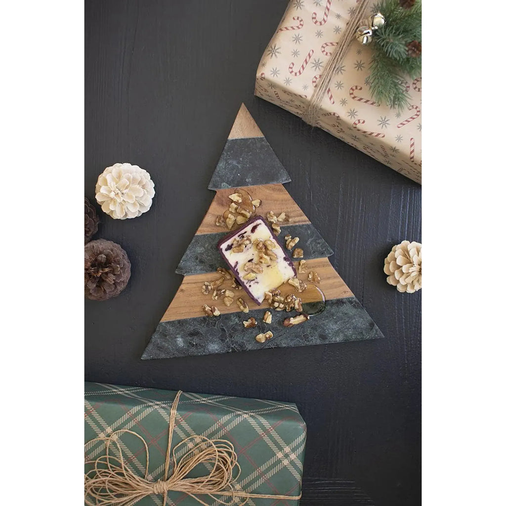 Green Marble & Acacia Wood Christmas Tree Serving Board