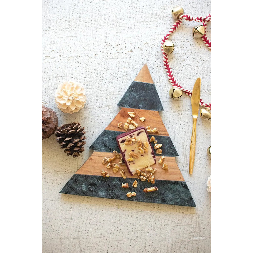 Green Marble & Acacia Wood Christmas Tree Serving Board