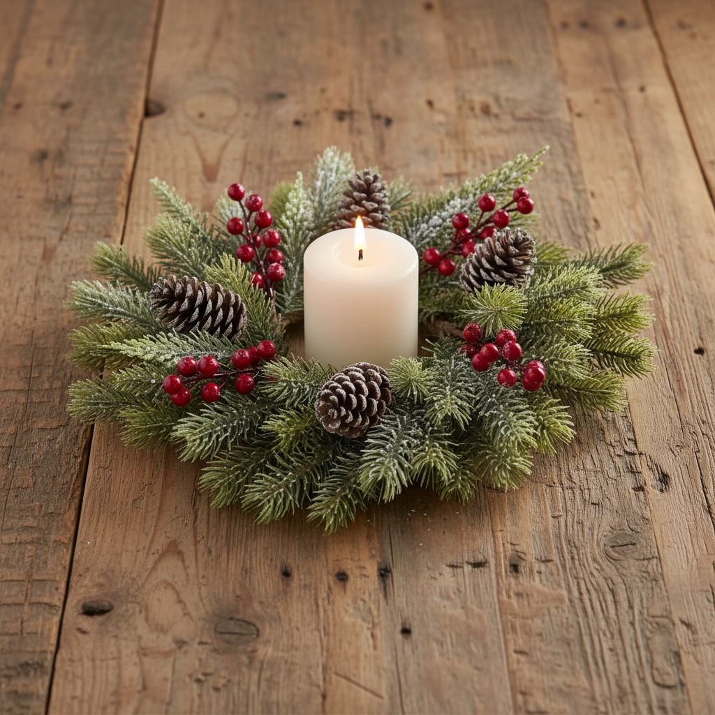 Glittered Icy Mixed Pine Candle Ring w/Red Berries & Pinecones
