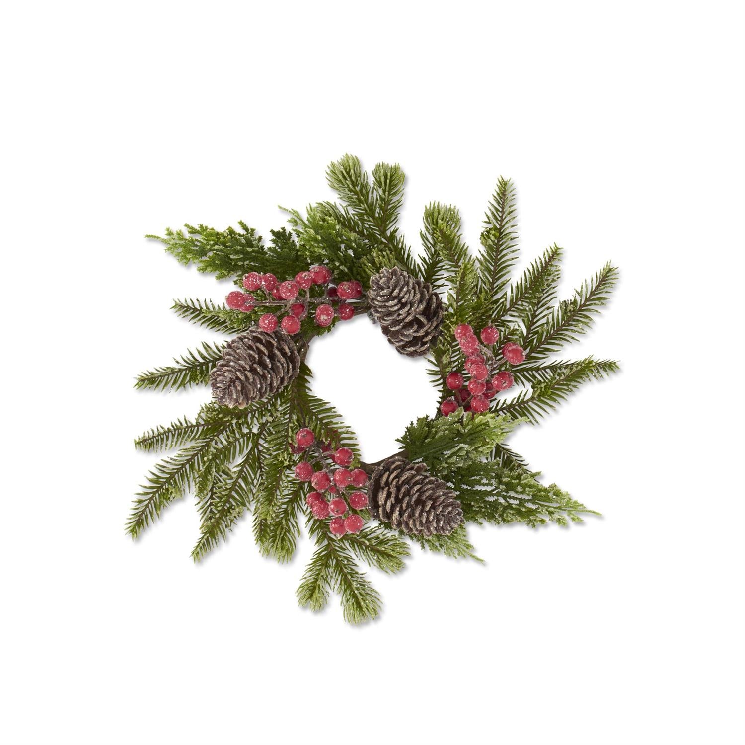 Glittered Icy Mixed Pine Candle Ring w/Red Berries & Pinecones