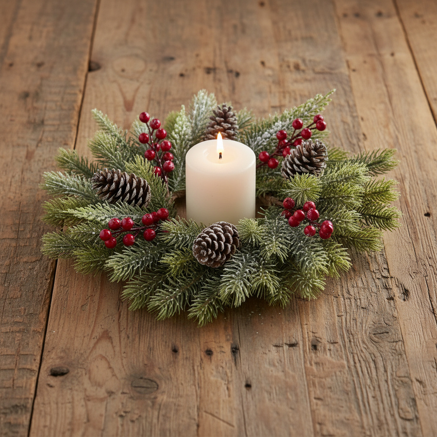 Glittered Icy Mixed Pine Candle Ring w/Red Berries & Pinecones