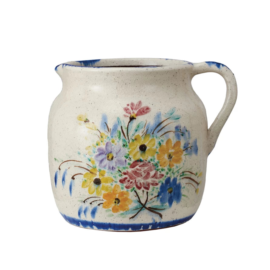 Floral Terra-Cotta Pitcher w/Crackle Glaze