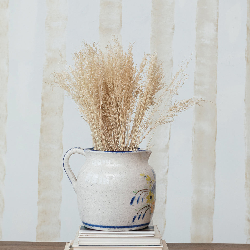 Floral Terra-Cotta Pitcher w/Crackle Glaze