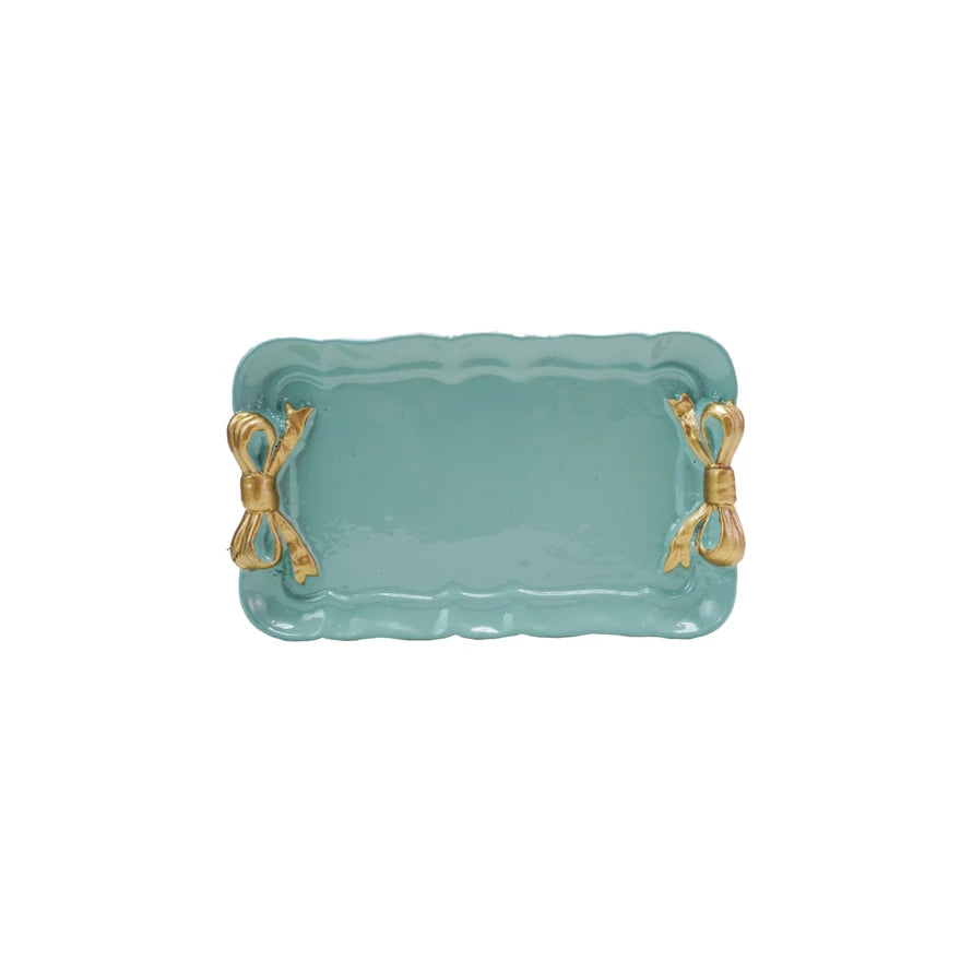 Metal Tray w/Gold Finish Bows | Aqua