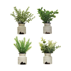 Distressed White Finish Stoneware Pot w/Faux Plant