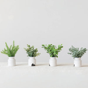 Distressed White Finish Stoneware Pot w/Faux Plant