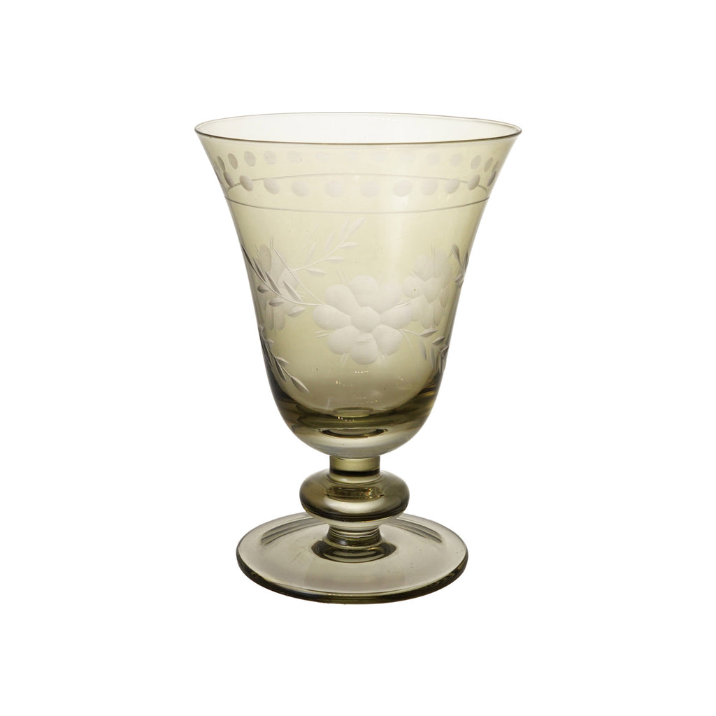 Botanical Etched Green Glass Goblet