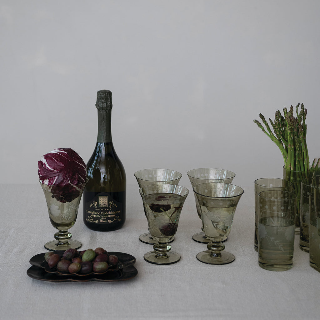 Botanical Etched Green Glass Goblet