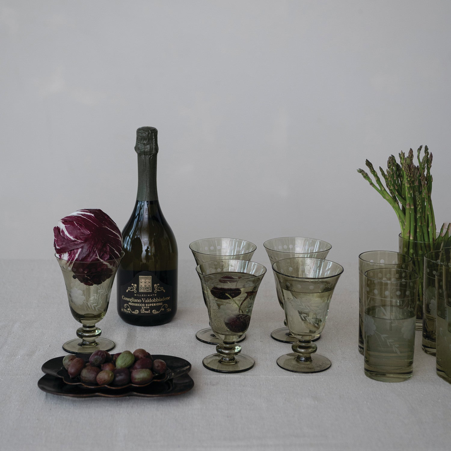Botanical Etched Green Glass Goblet