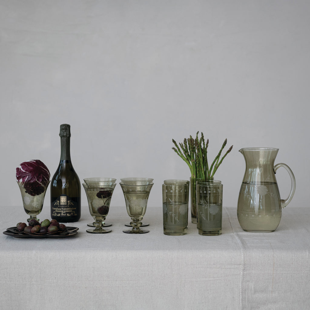 Botanical Etched Green Glass Goblet