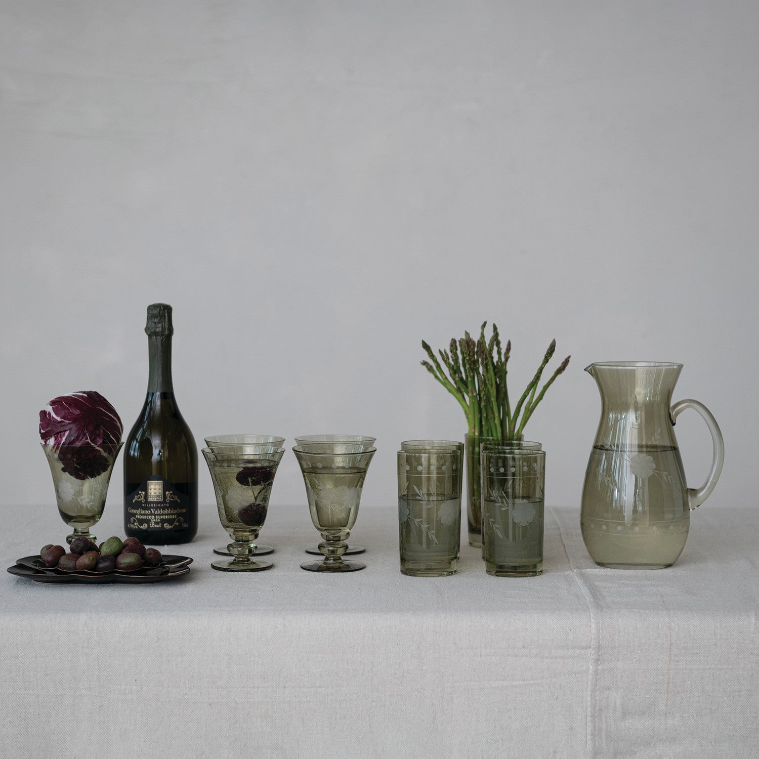Botanical Etched Green Glass Goblet