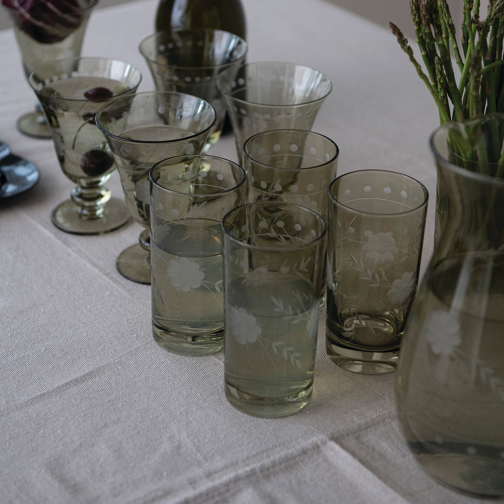 Botanical Etched Green Glass Goblet