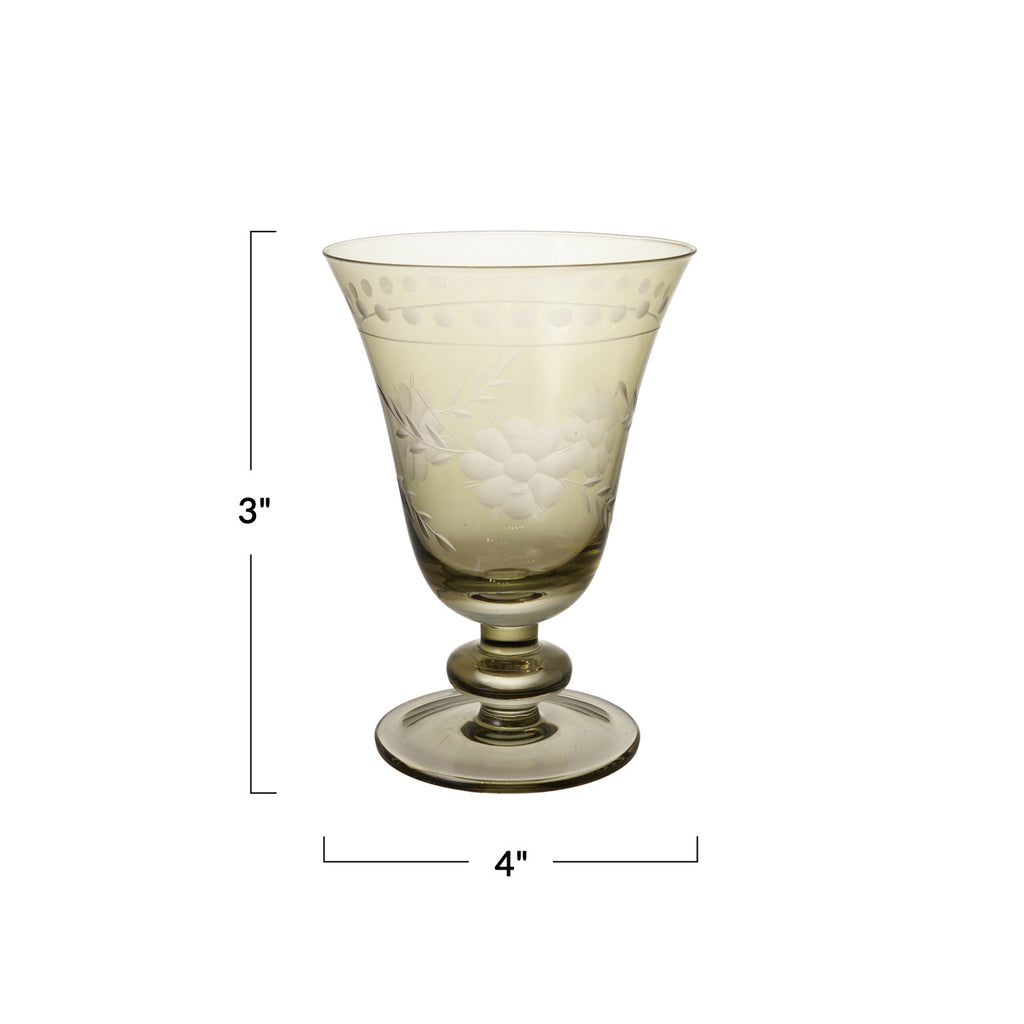 Botanical Etched Green Glass Goblet