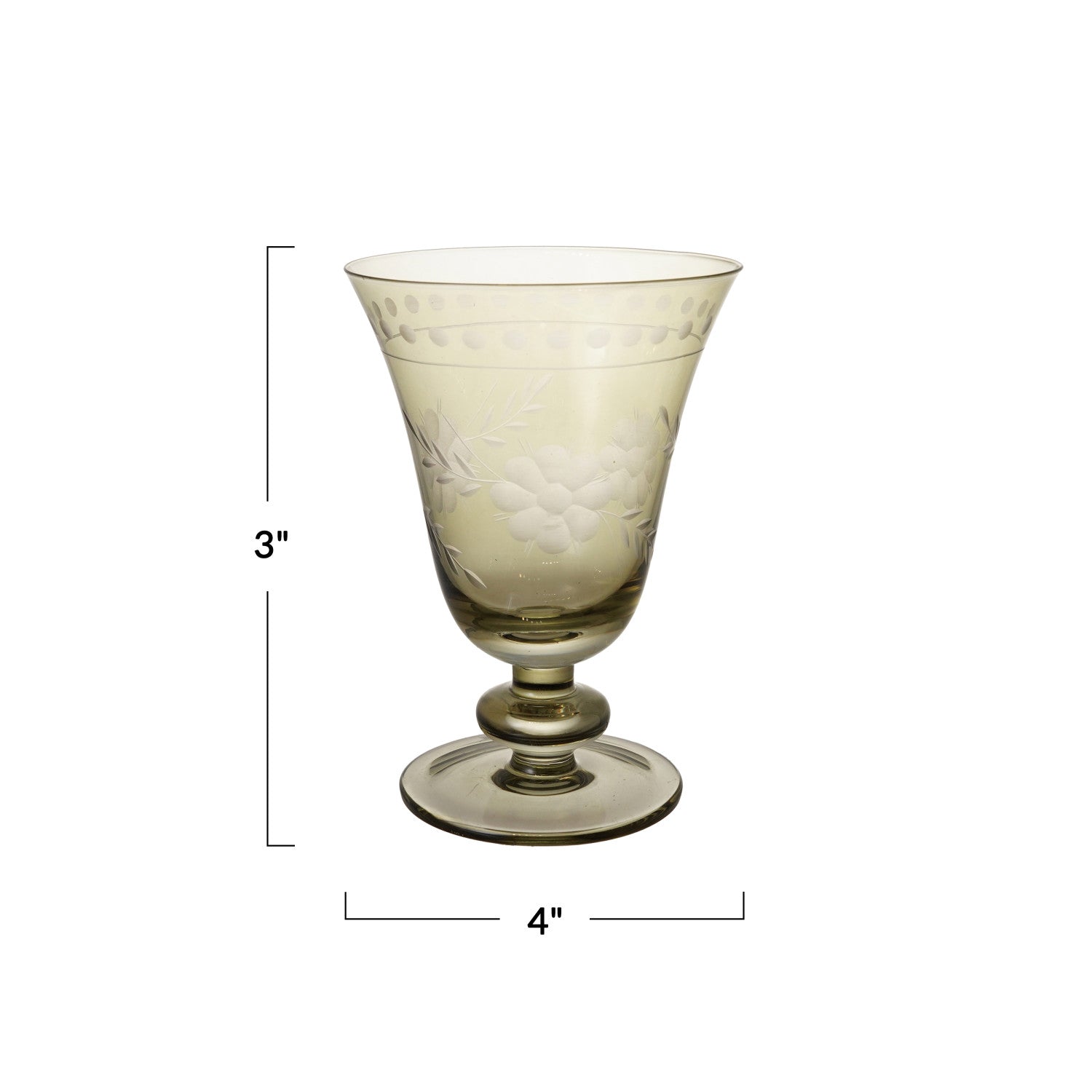 Botanical Etched Green Glass Goblet