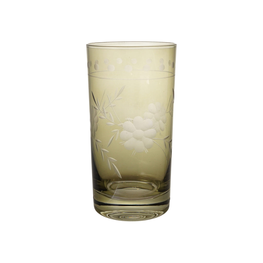 Botanical Etched Green Drinking Glass
