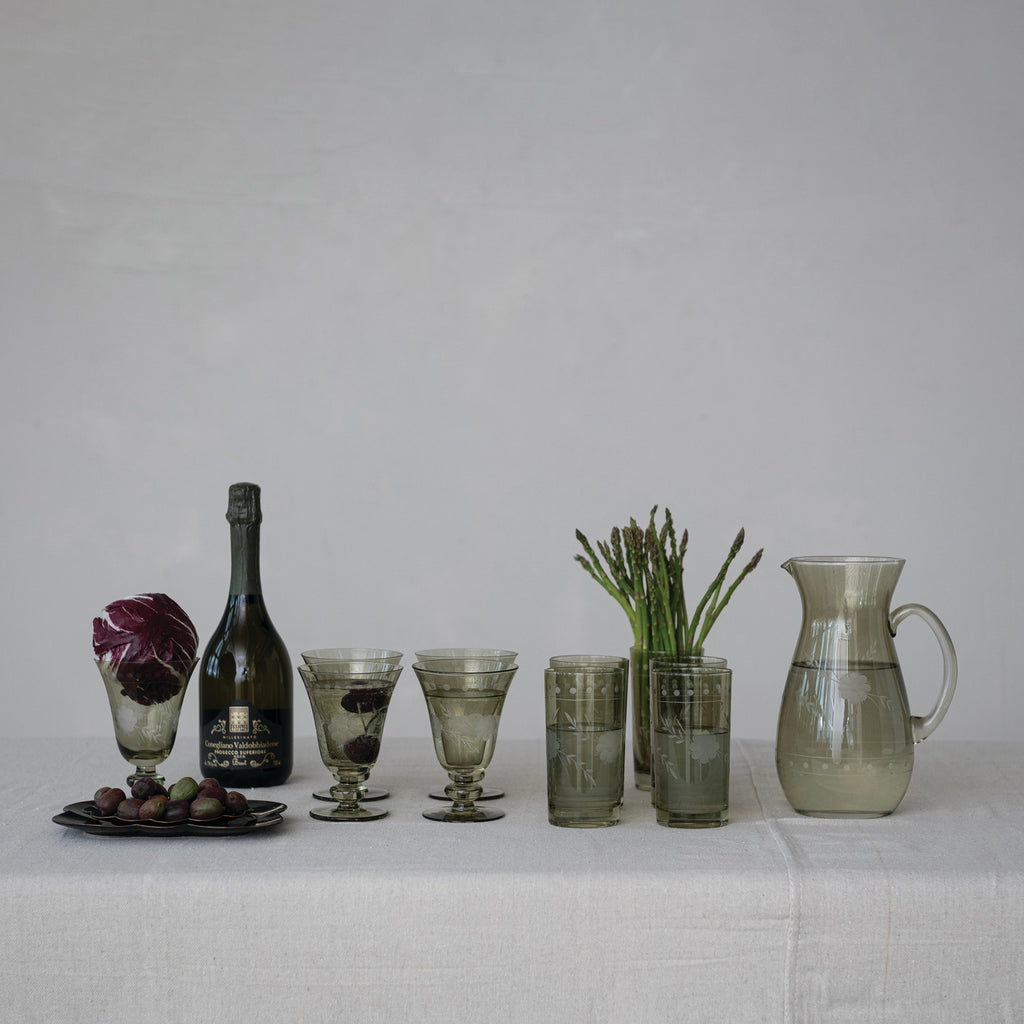 Botanical Etched Green Drinking Glass