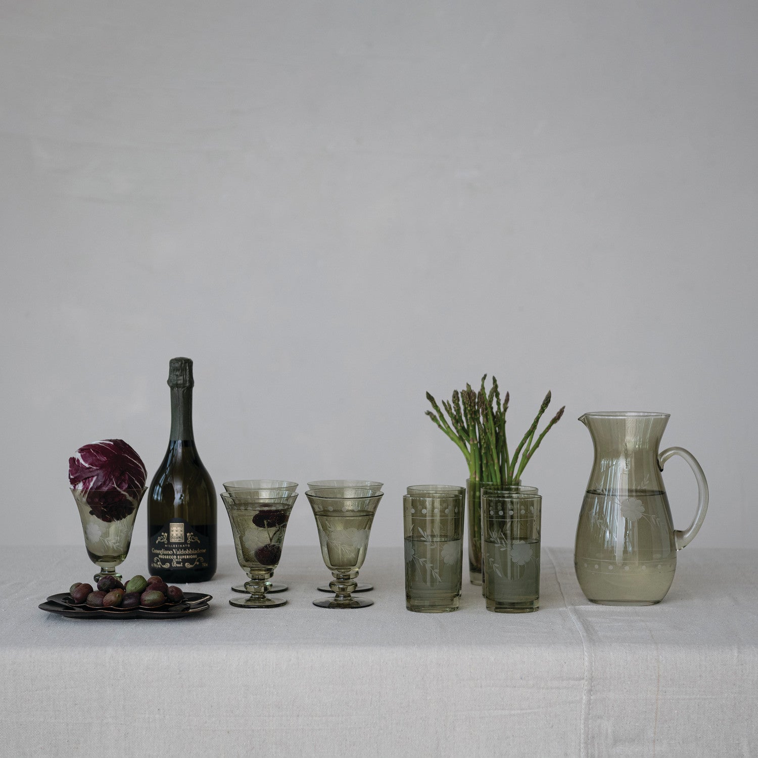Botanical Etched Green Drinking Glass