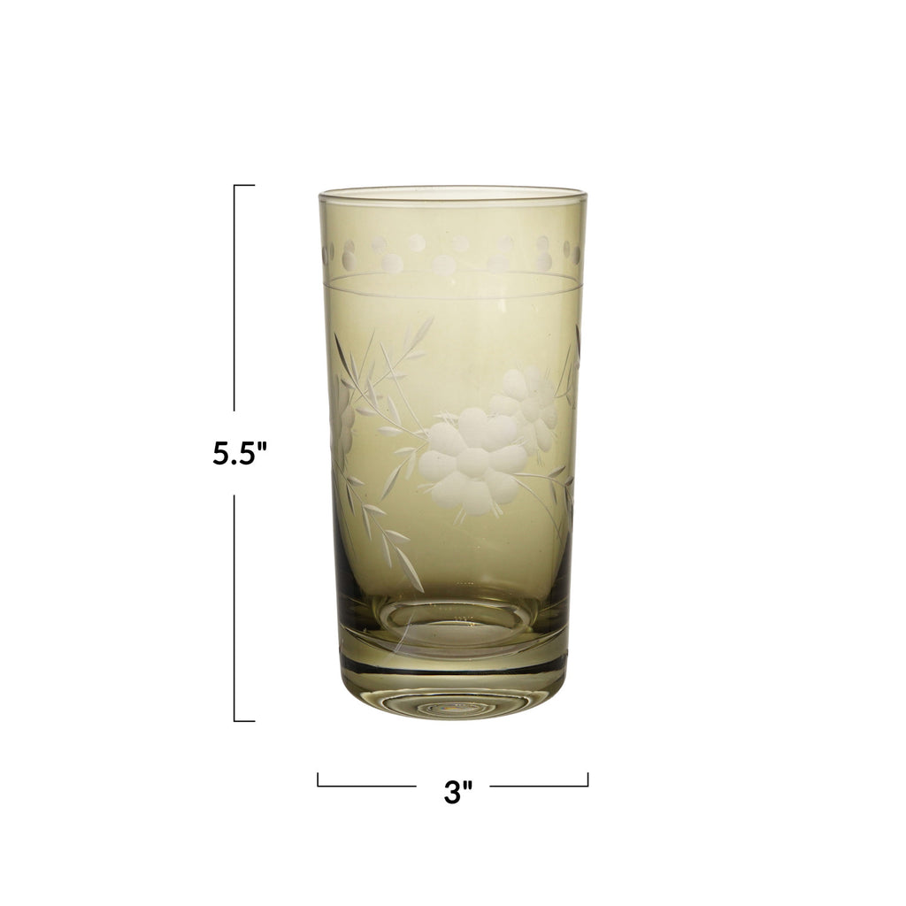 Botanical Etched Green Drinking Glass