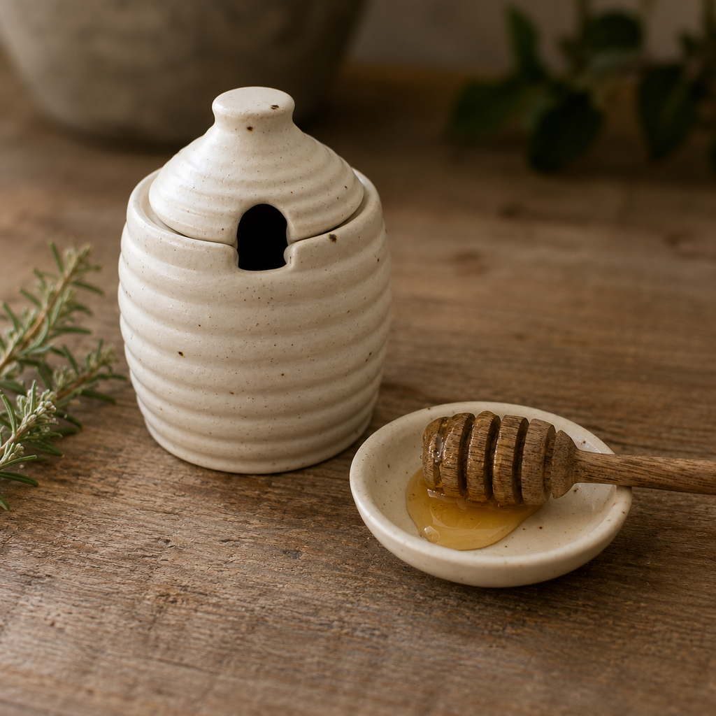 Ribbed Ceramic Speckled Honey Pot