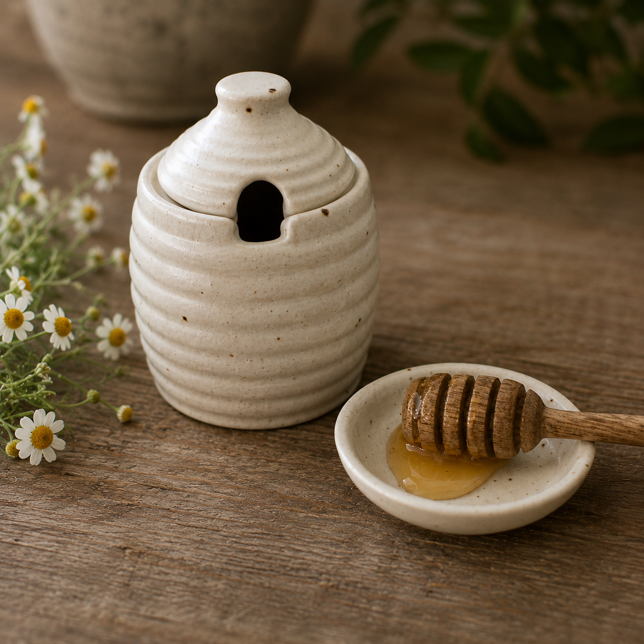 Ribbed Ceramic Speckled Honey Pot
