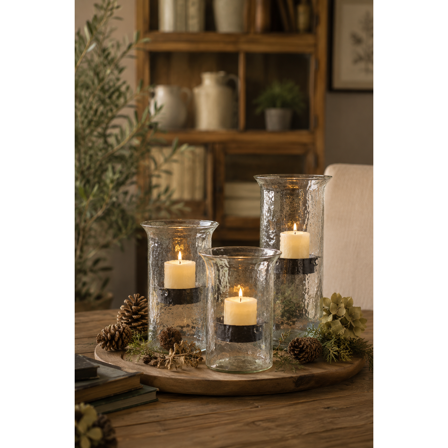 Handblown Glass Hurricane w/Rustic Candle Insert