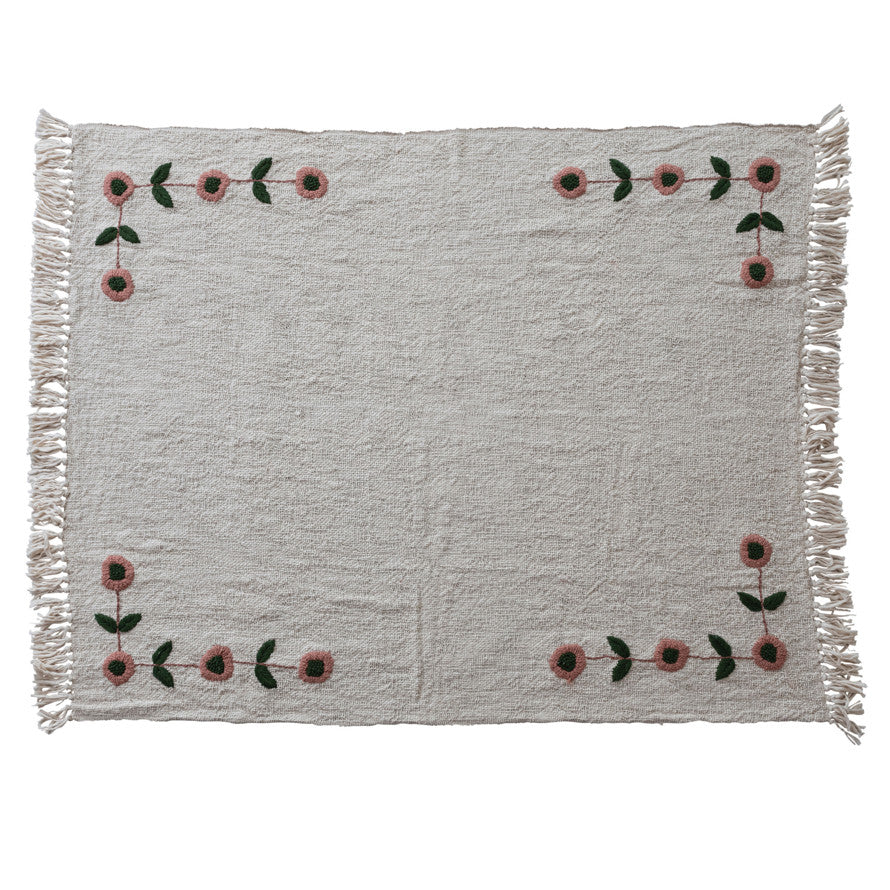 Hand-Embroidered Floral Cotton Throw