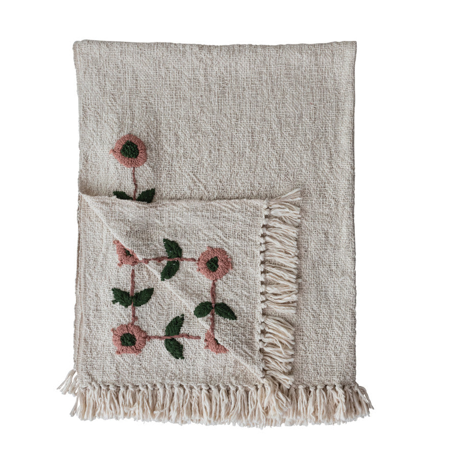 Hand-Embroidered Floral Cotton Throw