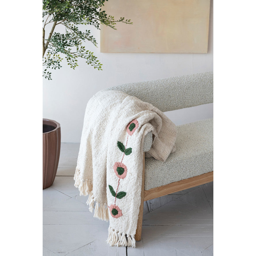 Hand-Embroidered Floral Cotton Throw