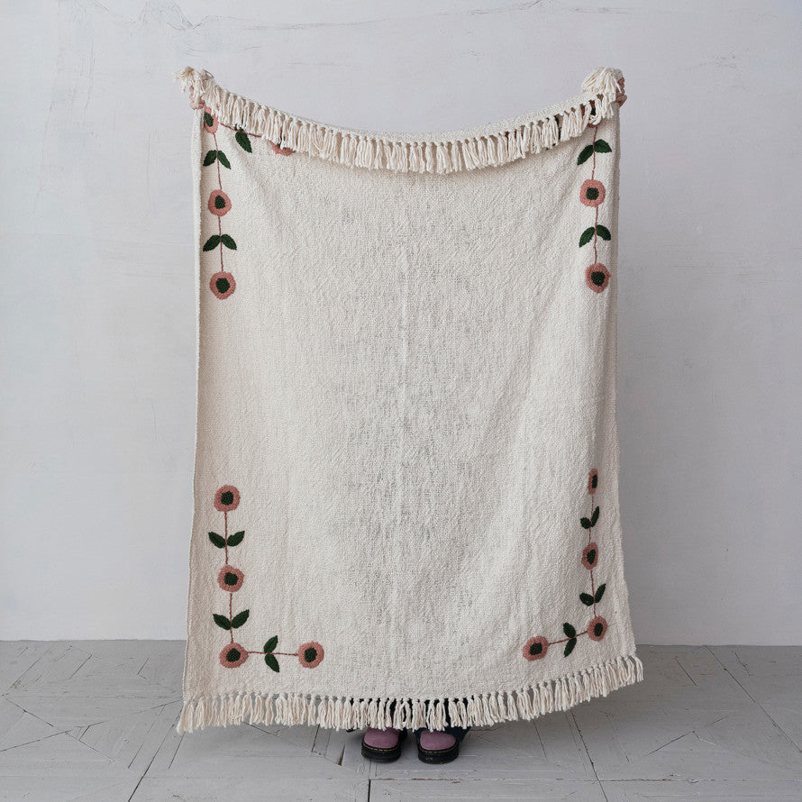 Hand-Embroidered Floral Cotton Throw