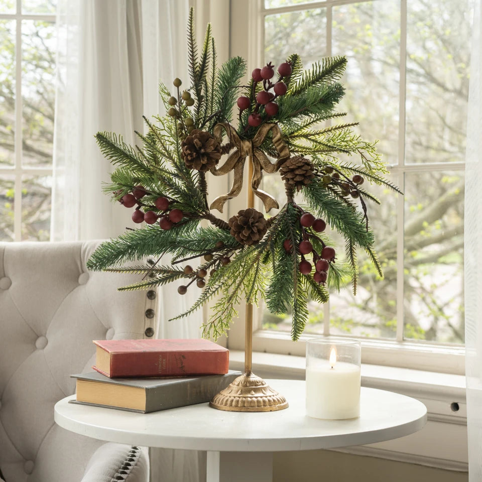 Antiqued Gold Bow Wreath Stand