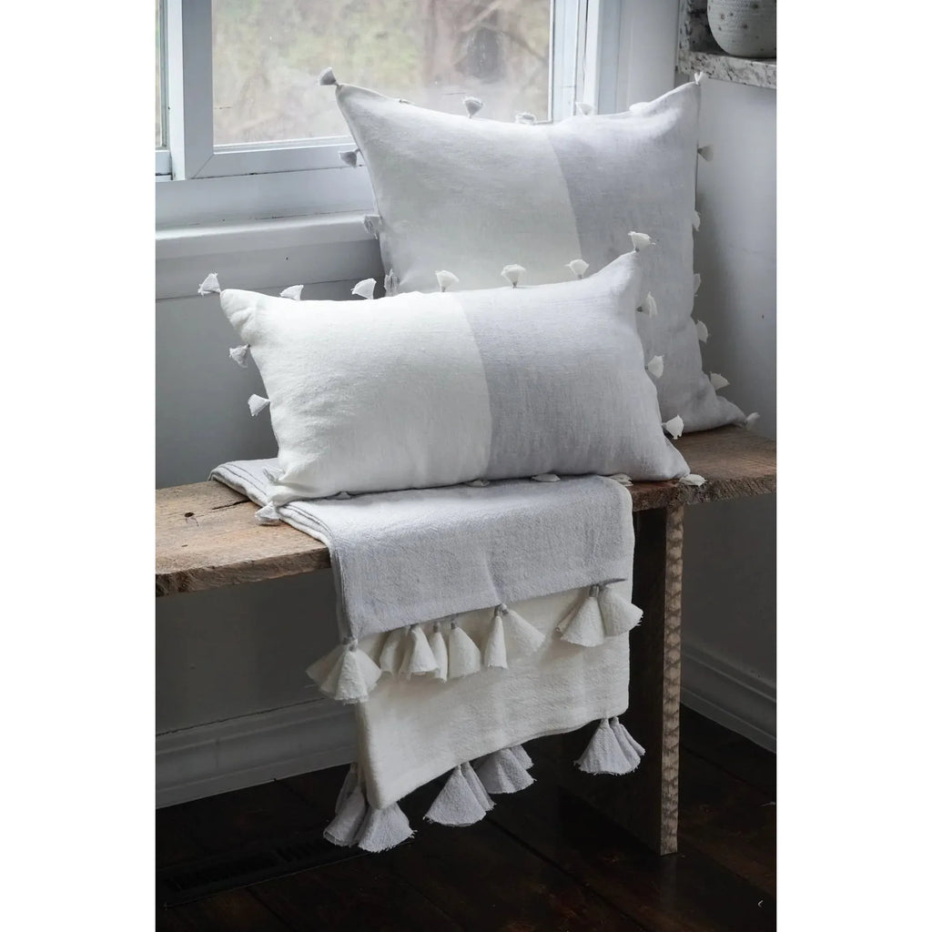 Light Grey Tassels Linen Pillow | 12" x 20"