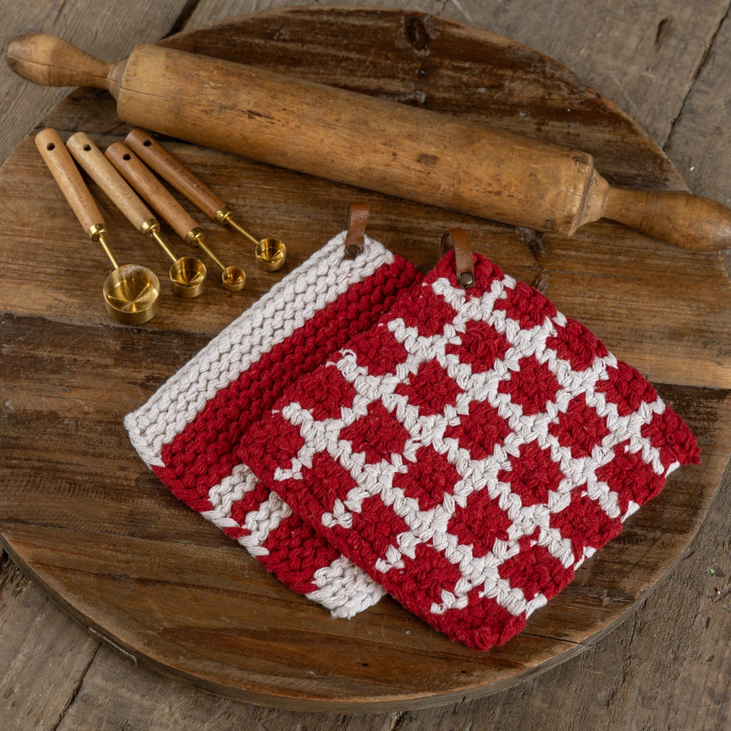 S/2 Red & White Knit Potholders