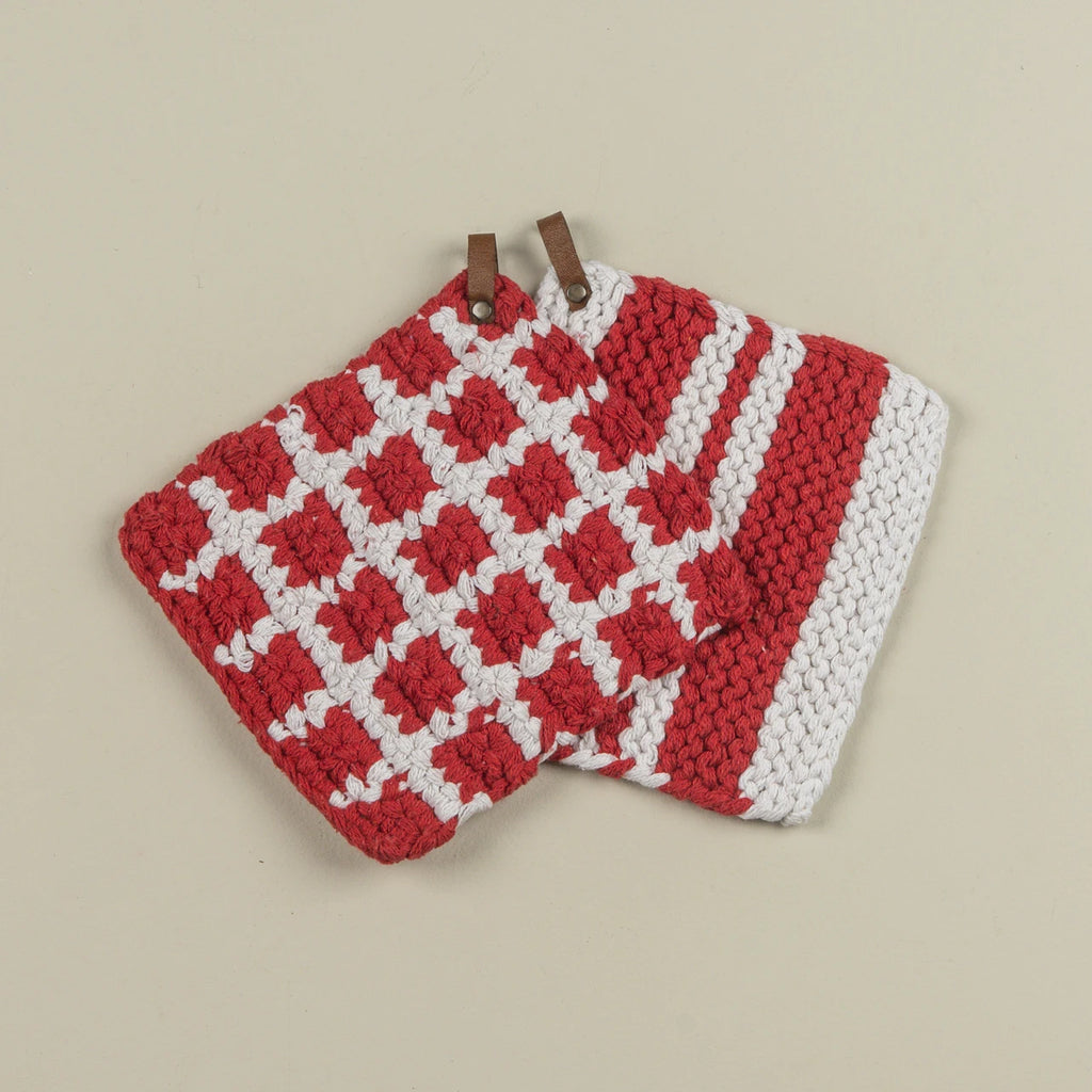S/2 Red & White Knit Potholders