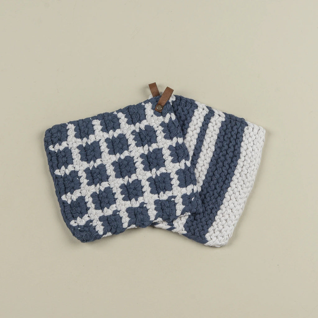 S/2 Denim & White Knit Potholders