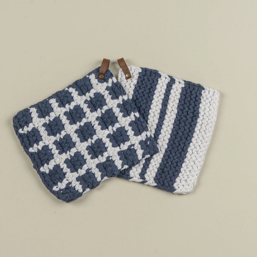 S/2 Denim & White Knit Potholders