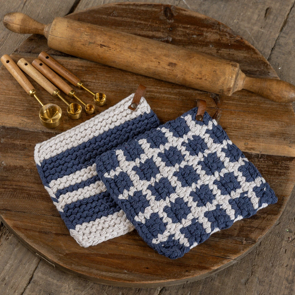 S/2 Denim & White Knit Potholders