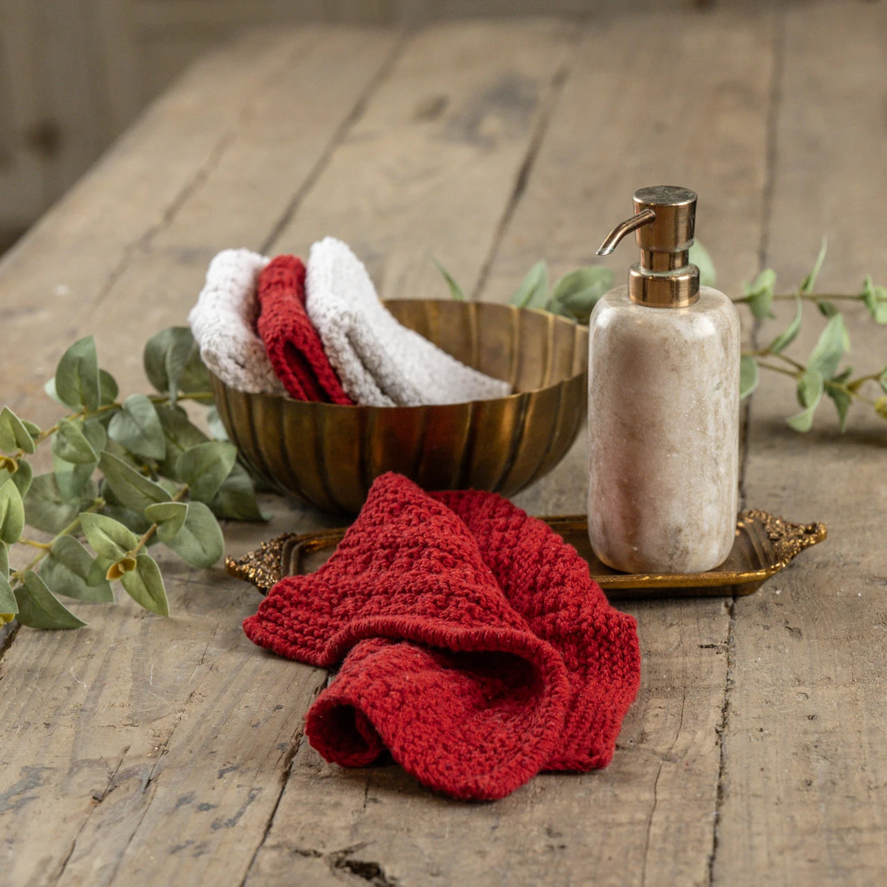 S/4 Red & White Knit Washcloths