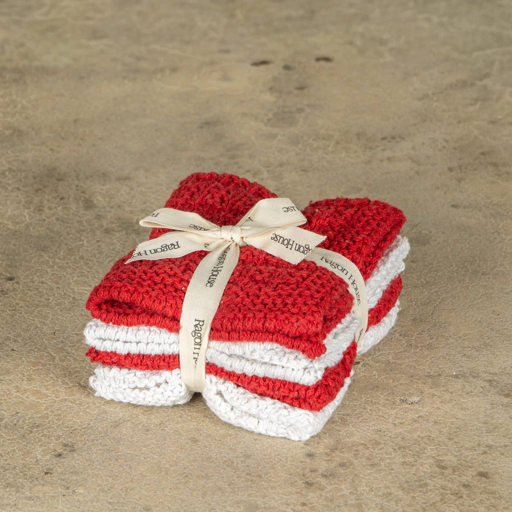 S/4 Red & White Knit Washcloths