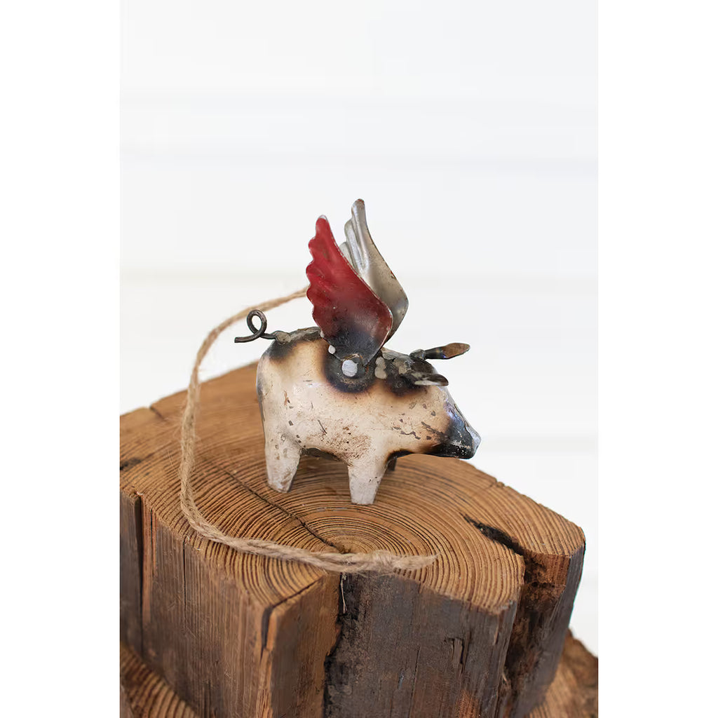 Recycled Iron Flying Pig Christmas Ornament