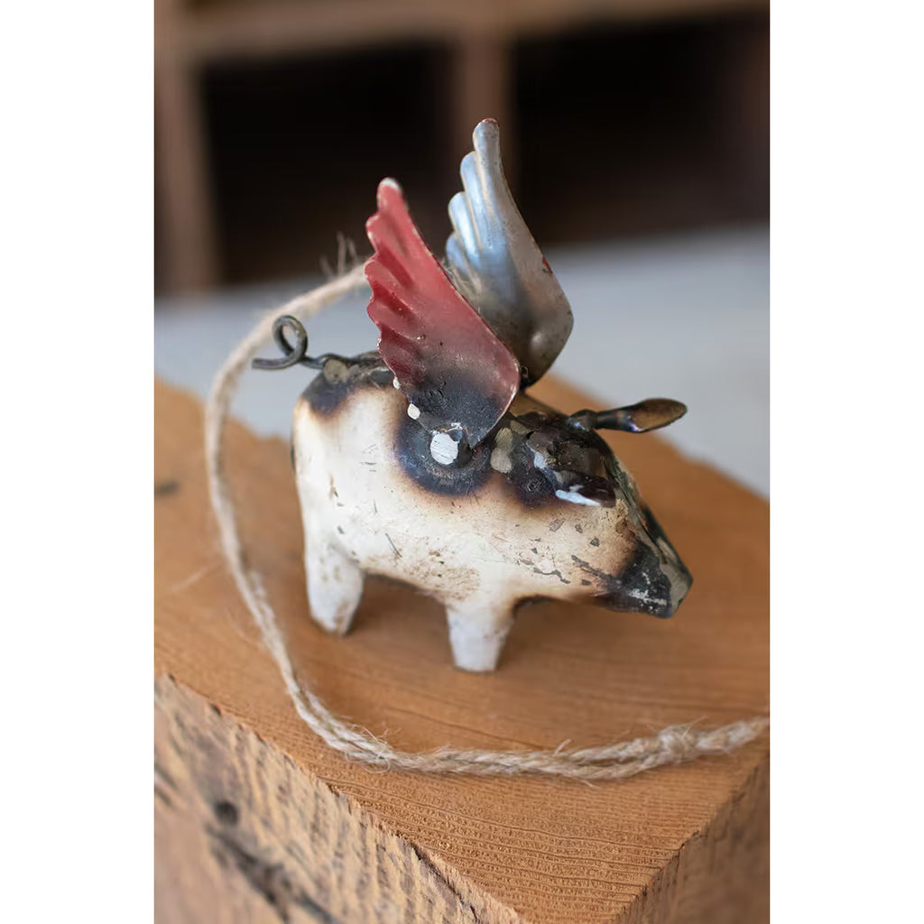 Recycled Iron Flying Pig Christmas Ornament